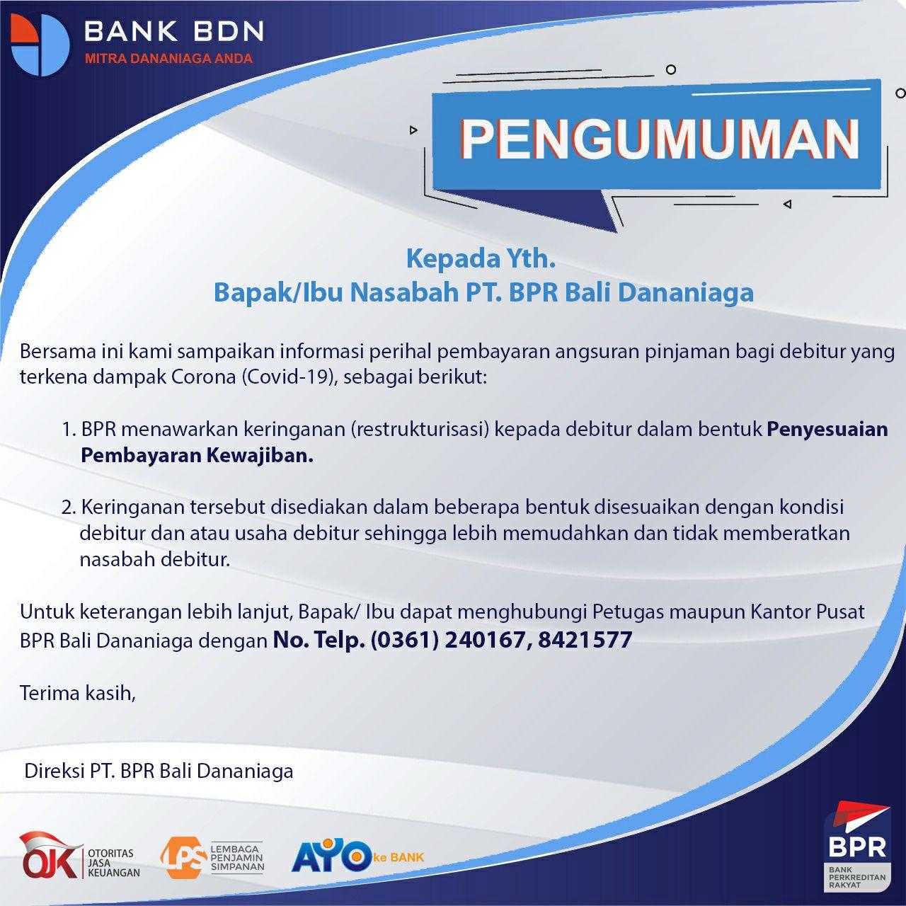 PENGUMUMAN PENTING KEPADA NASABAH PT. BPR BALI DANANIAGA TERKAIT DAMPAK CORONA (COVID-19)