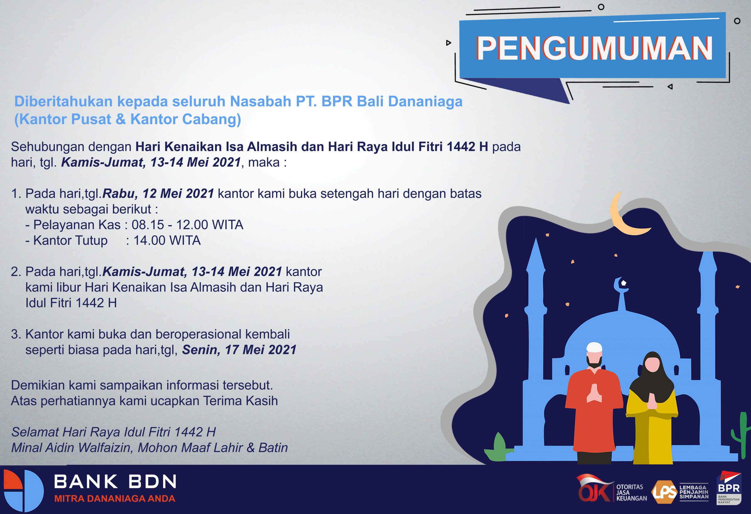 PENGUMUMAN LIBUR HARI RAYA IDUL FITRI DAN KENAIKAN ISA ALMASIH 2021